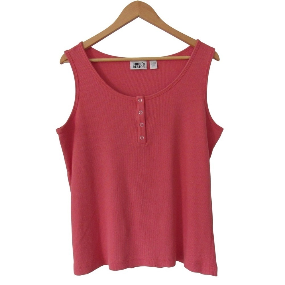 Chicos Design Pink Coral Ribbed Henley Tank Top XL Cotton Classic Y2K Preppy